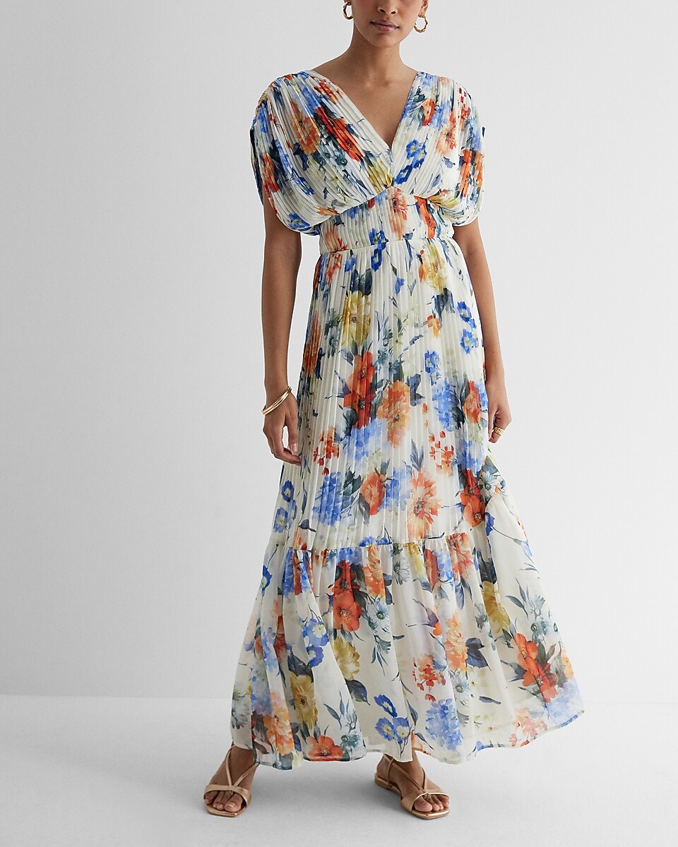 Floral Draped Sleeve Pleated Maxi Dress