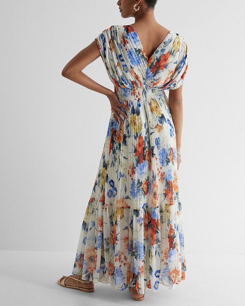 Floral Draped Sleeve Pleated Maxi Dress