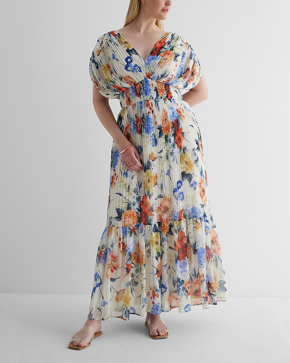 Floral Draped Sleeve Pleated Maxi Dress