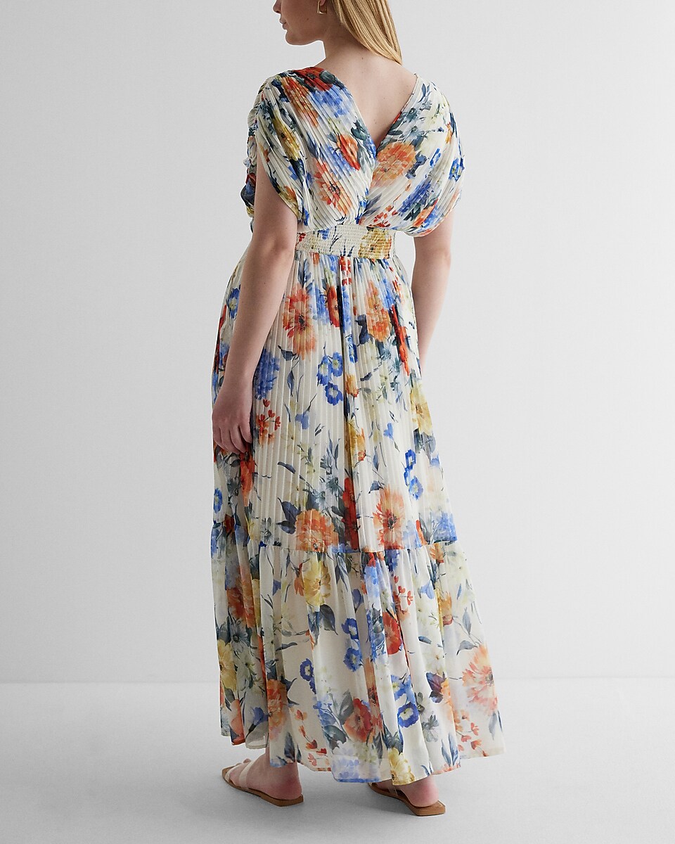 Floral Draped Sleeve Pleated Maxi Dress