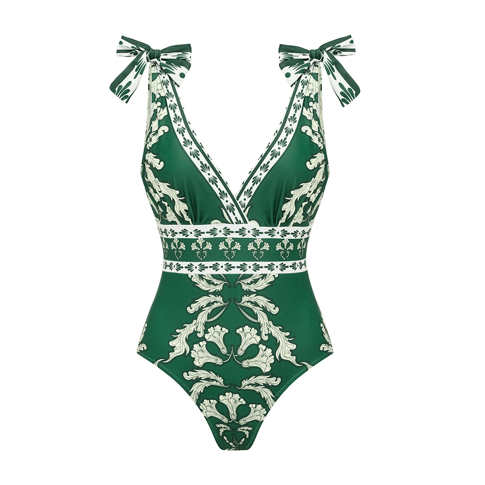 Retro Baroque Print Deep V-Neck One-Piece Swimsuit Set