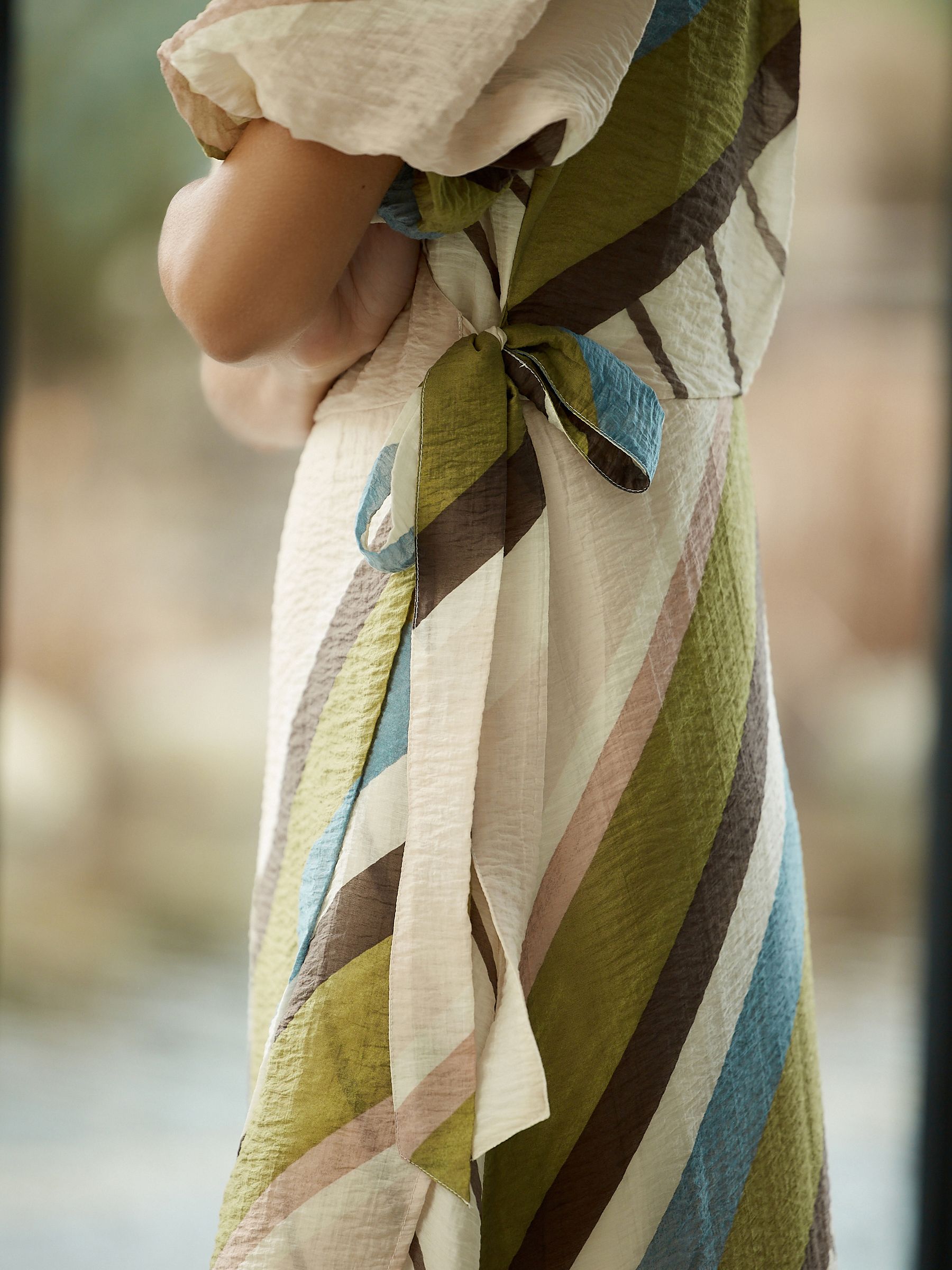 Green Stripe Puff Short Sleeve Wrap Occasion Midi Dress