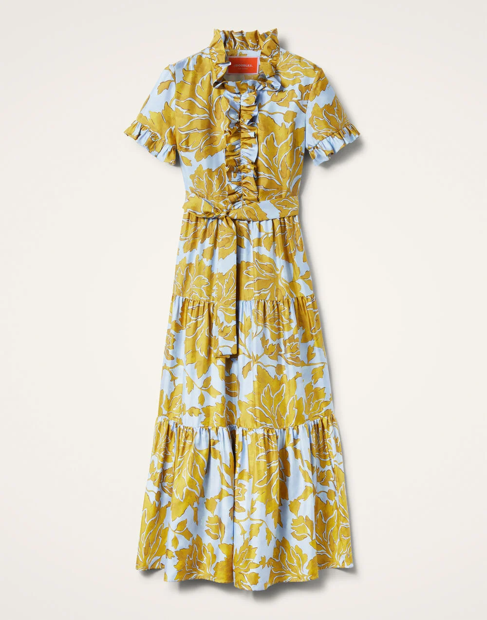 Lapel Pleated Cascading Printed Maxi Dress