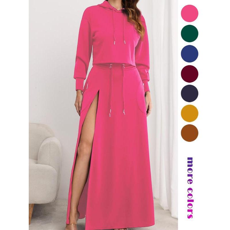 Solid Drawstring Hoodie & Split Thigh Skirt Set