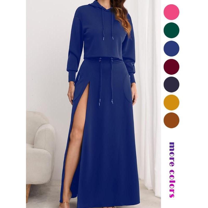 Solid Drawstring Hoodie & Split Thigh Skirt Set