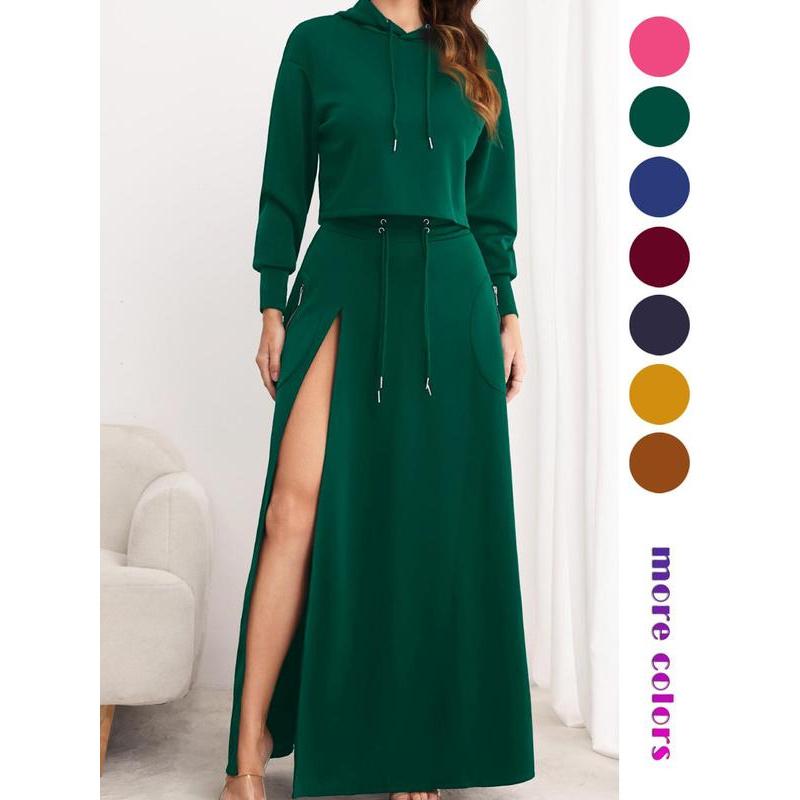 Solid Drawstring Hoodie & Split Thigh Skirt Set