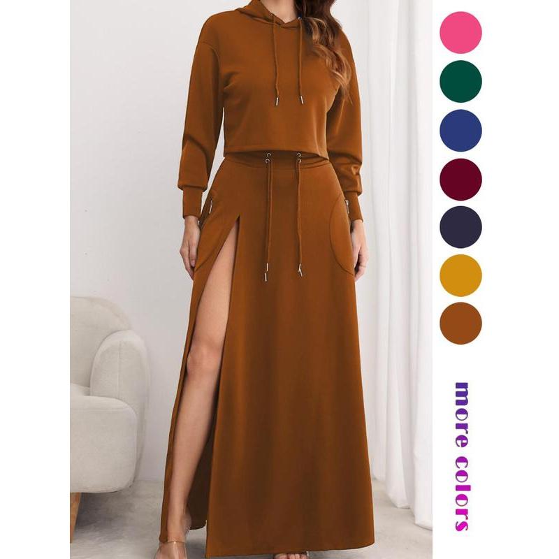 Solid Drawstring Hoodie & Split Thigh Skirt Set