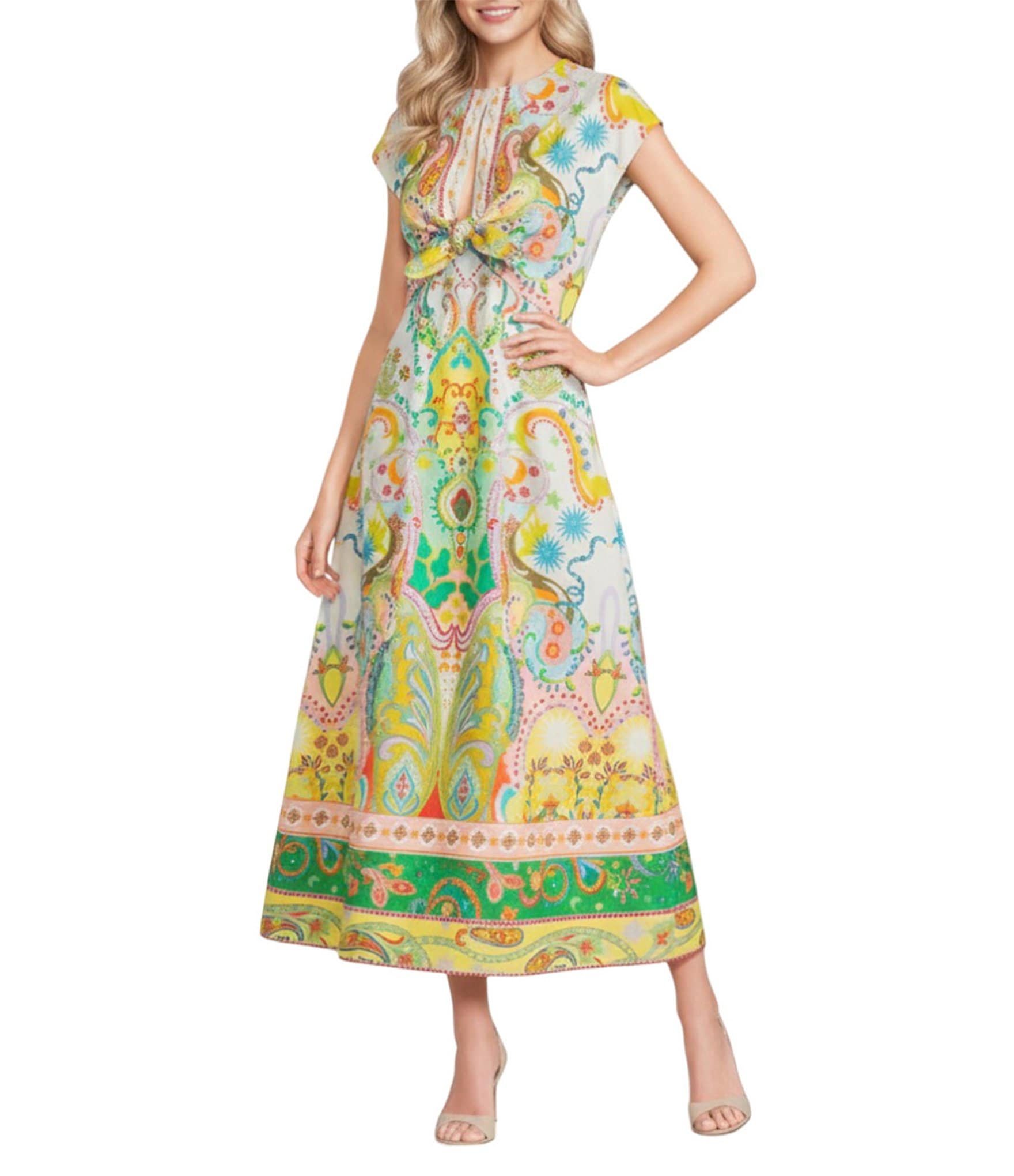 Cotton Sateen Scarf Print Short Sleeve Keyhole Maxi Dress