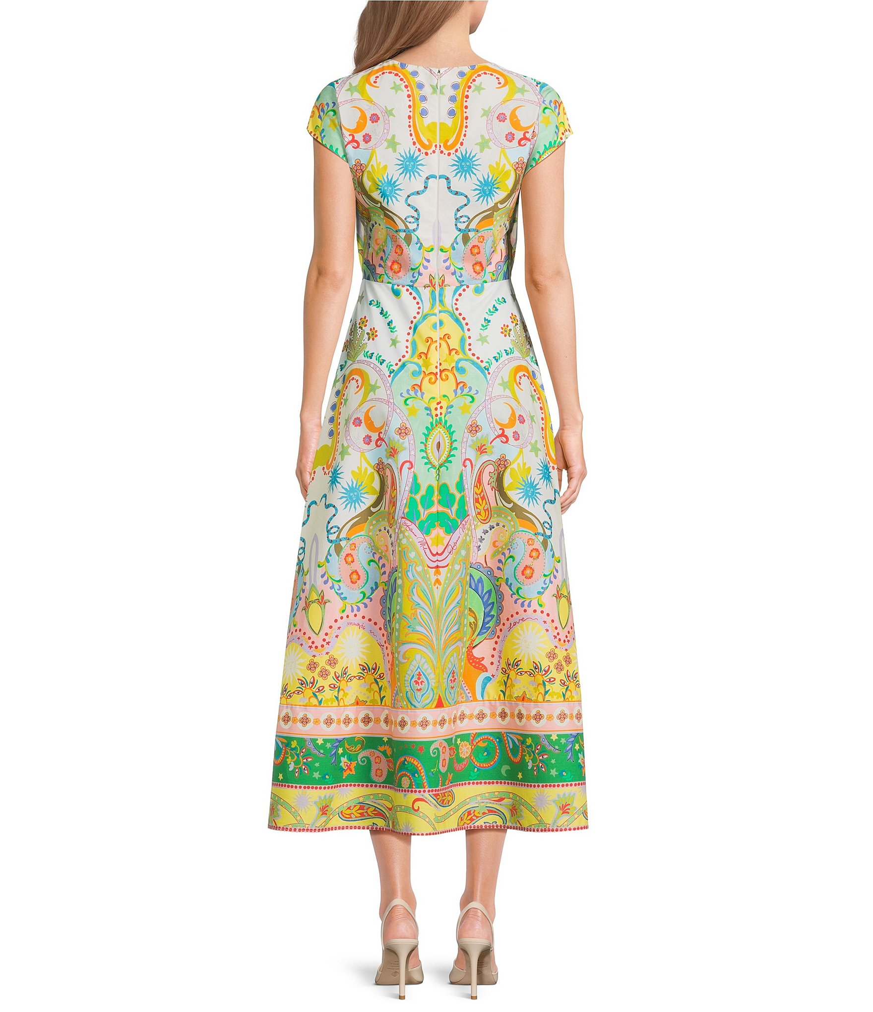 Cotton Sateen Scarf Print Short Sleeve Keyhole Maxi Dress