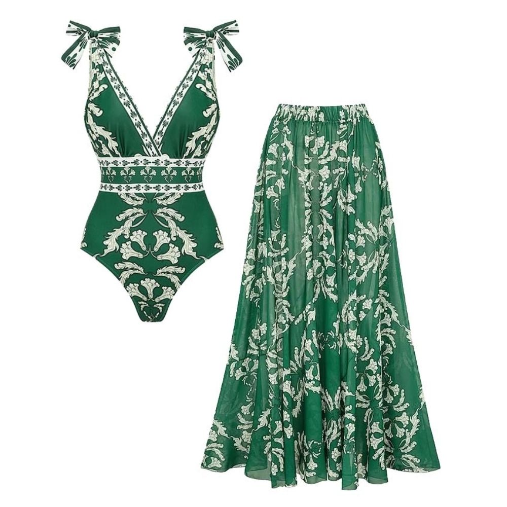 Retro Baroque Print Deep V-Neck One-Piece Swimsuit Set