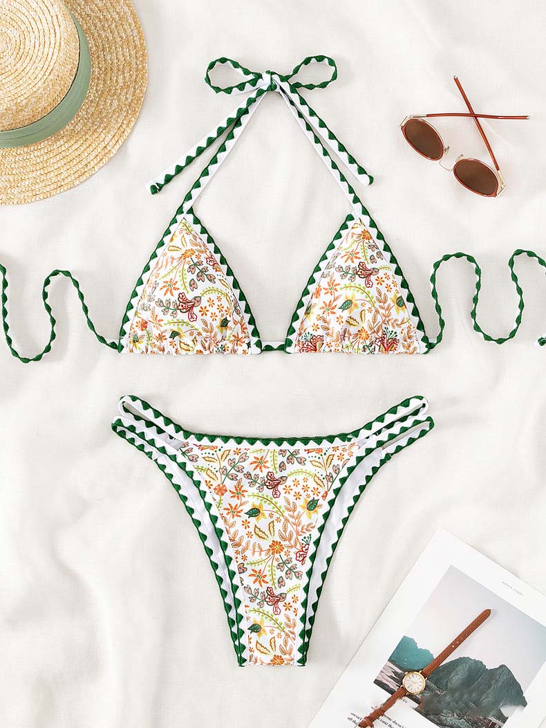 Holiday Summer Print Hanging Bikini Swimsuit Set