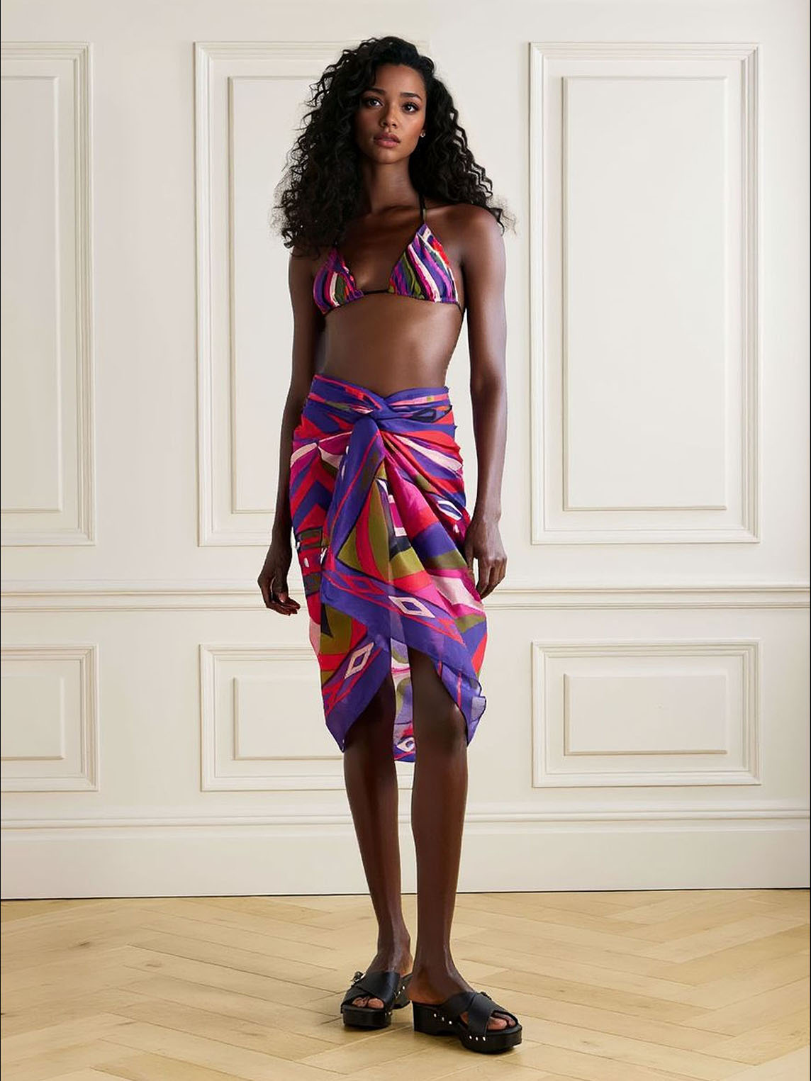 Multicolor Abstract Stripe Print Triangle Halter Bikini Set