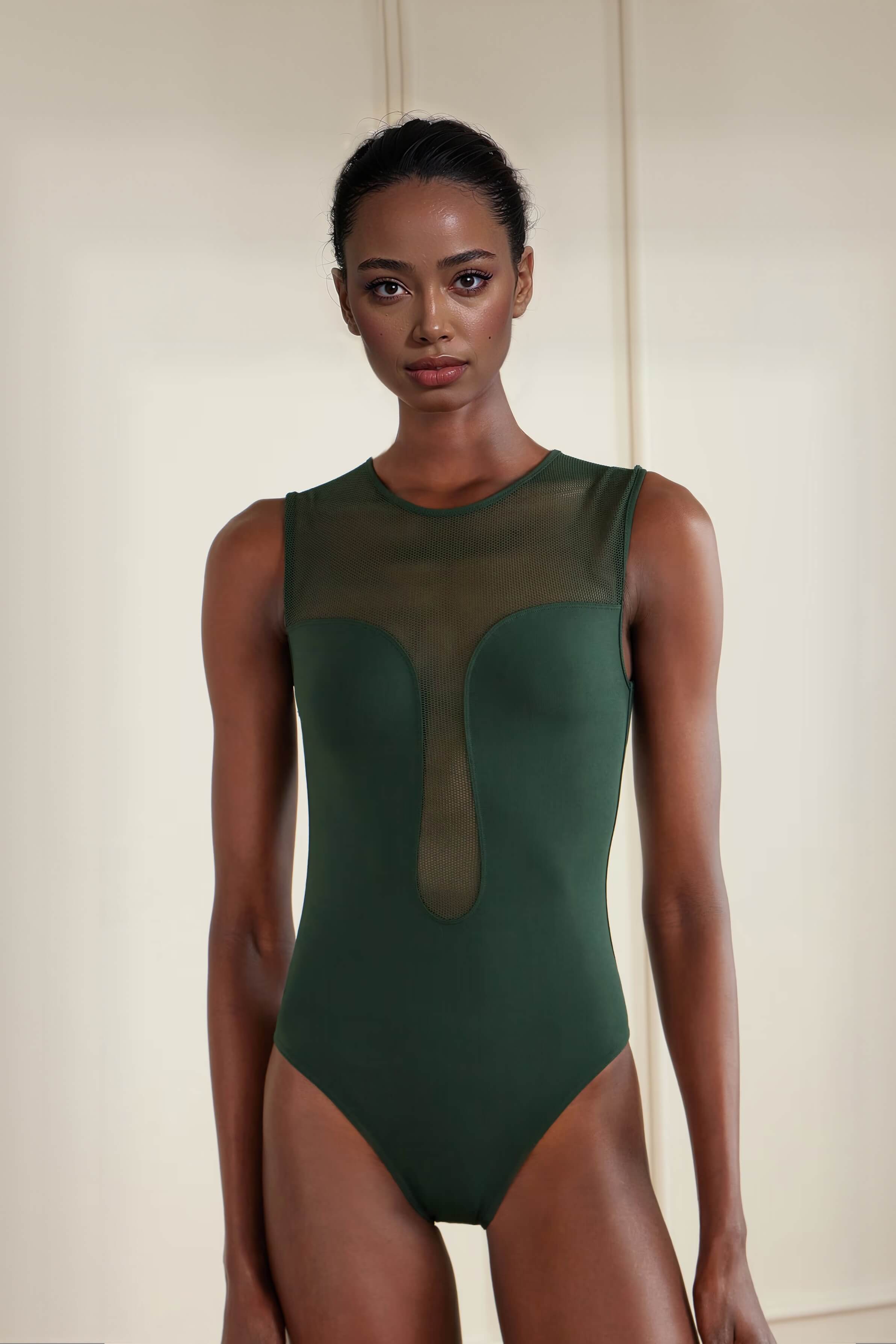 Unique Backless Mesh-Trim One-Piece Swimsuit