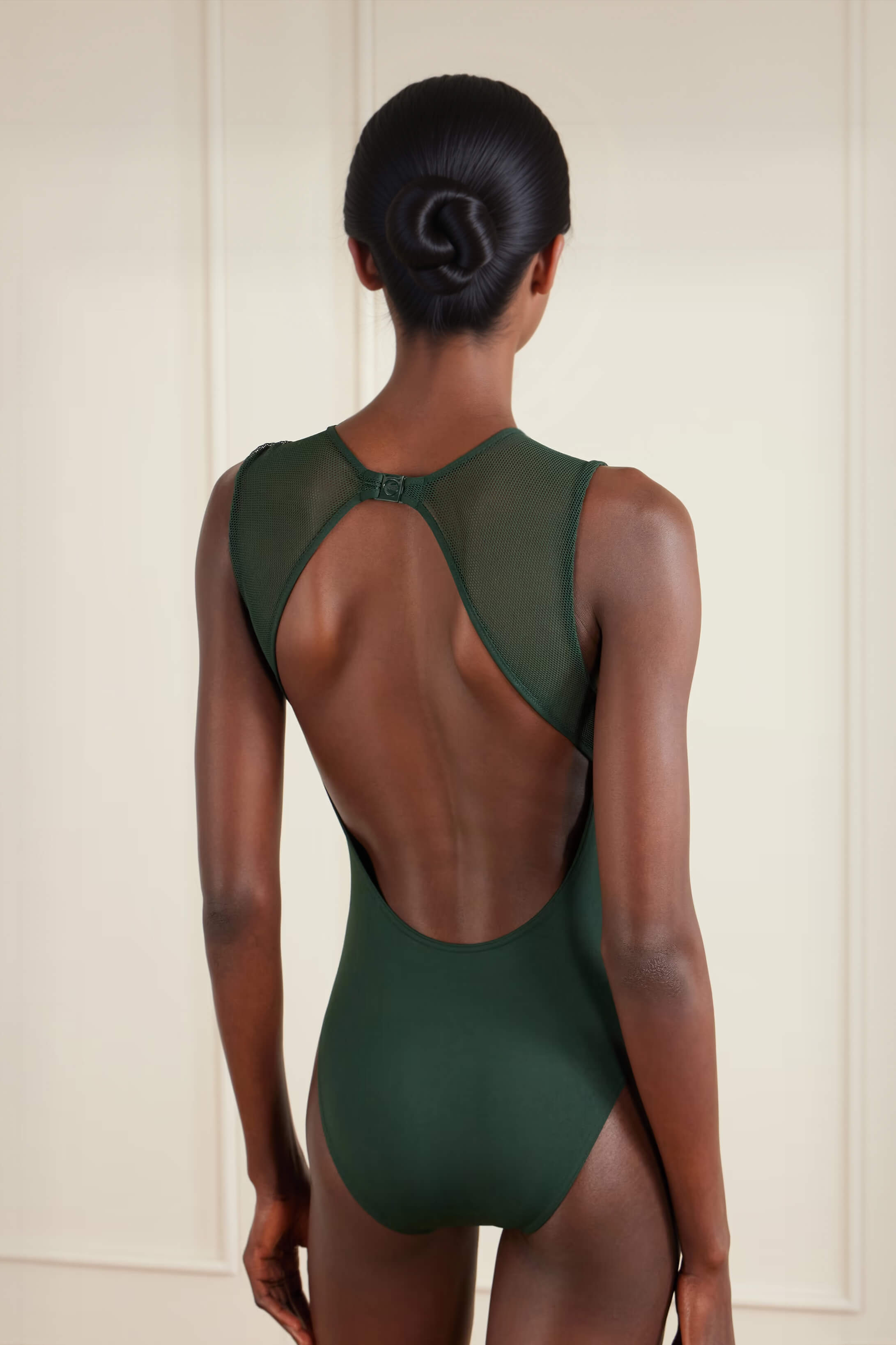 Unique Backless Mesh-Trim One-Piece Swimsuit