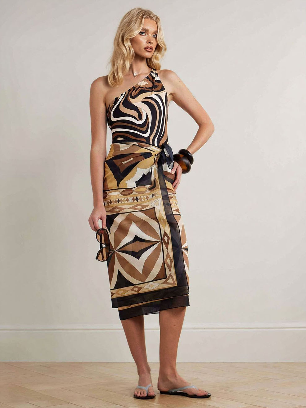 Brown Swirl Print One-Shoulder Ring-Detail One-Piece Swimsuit