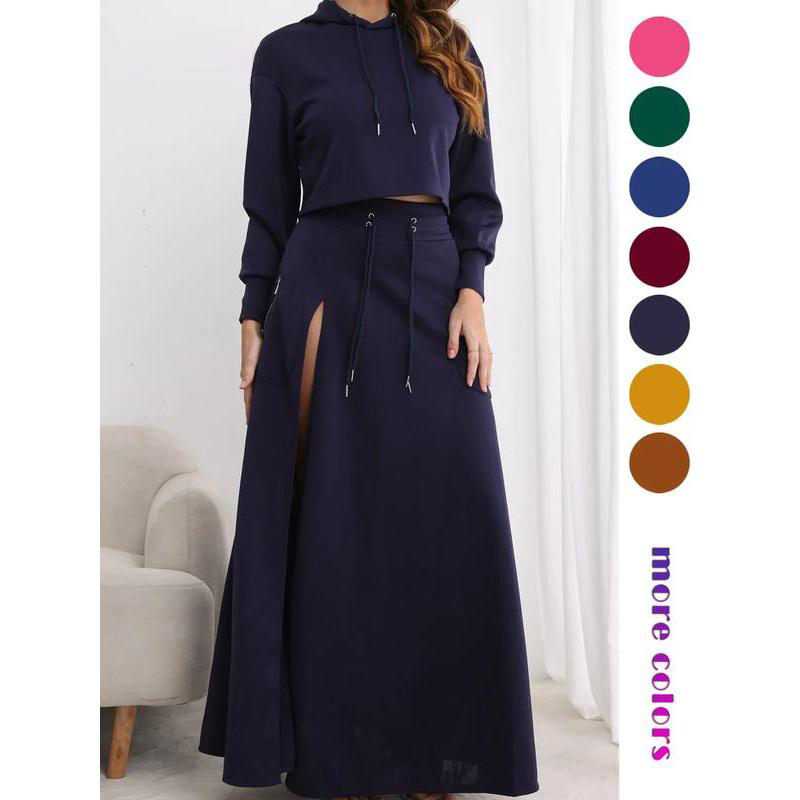 Solid Drawstring Hoodie & Split Thigh Skirt Set