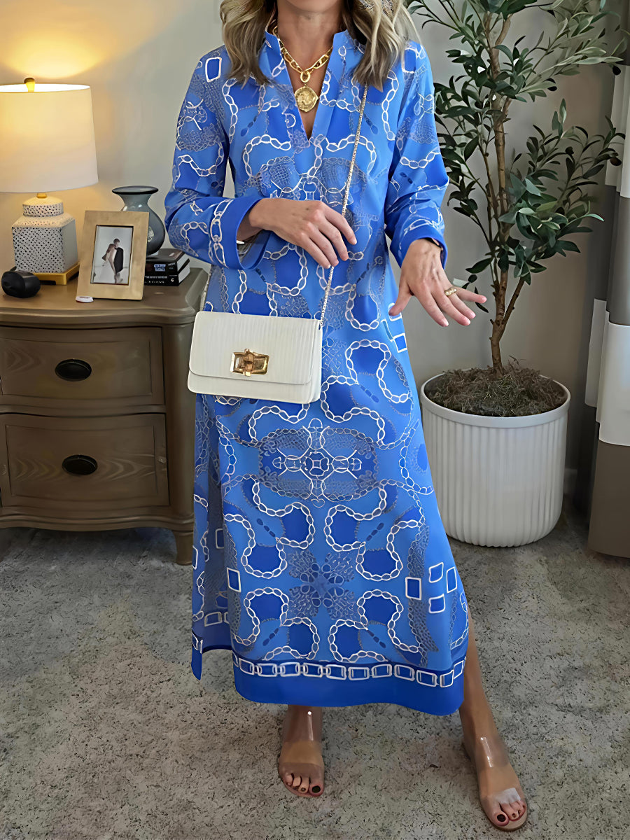 Elegant V-neck Printed Midi Dress