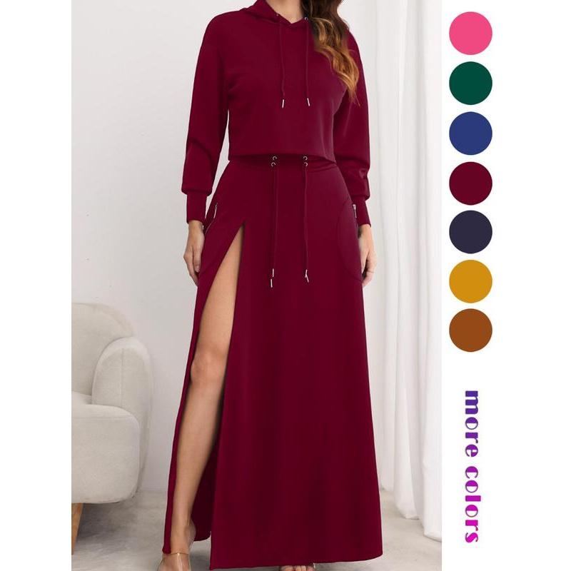 Solid Drawstring Hoodie & Split Thigh Skirt Set
