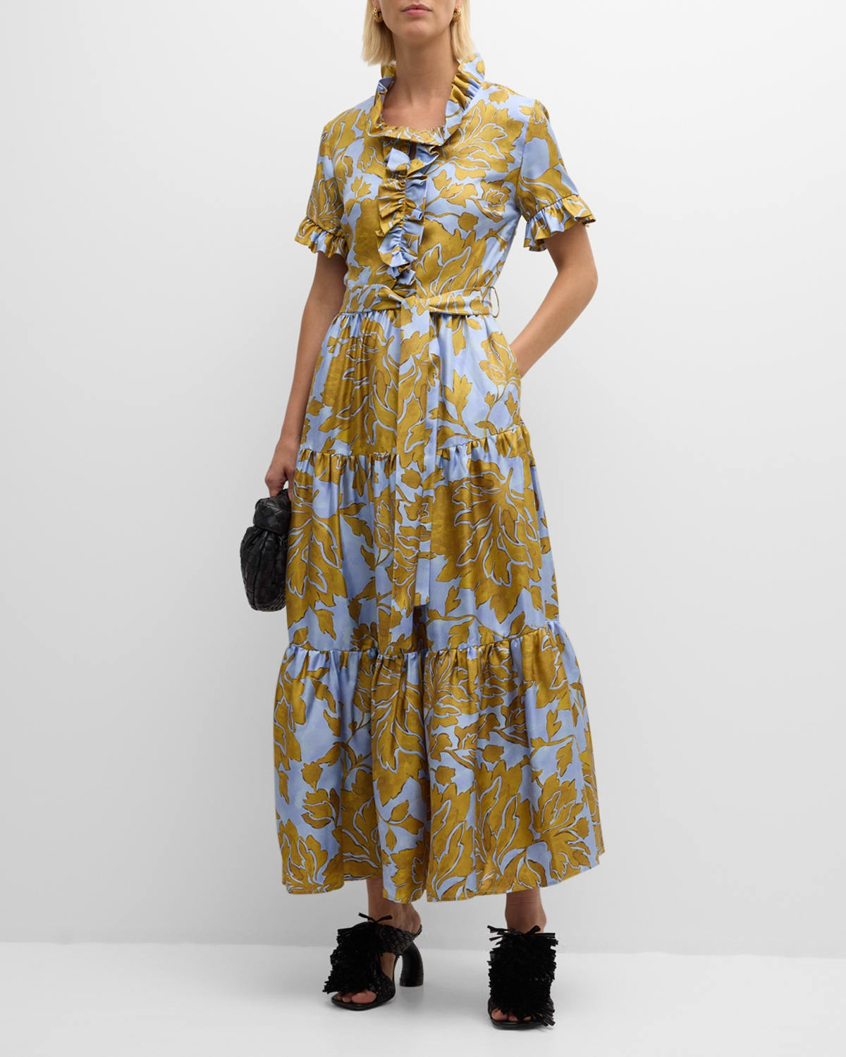 Lapel Pleated Cascading Printed Maxi Dress