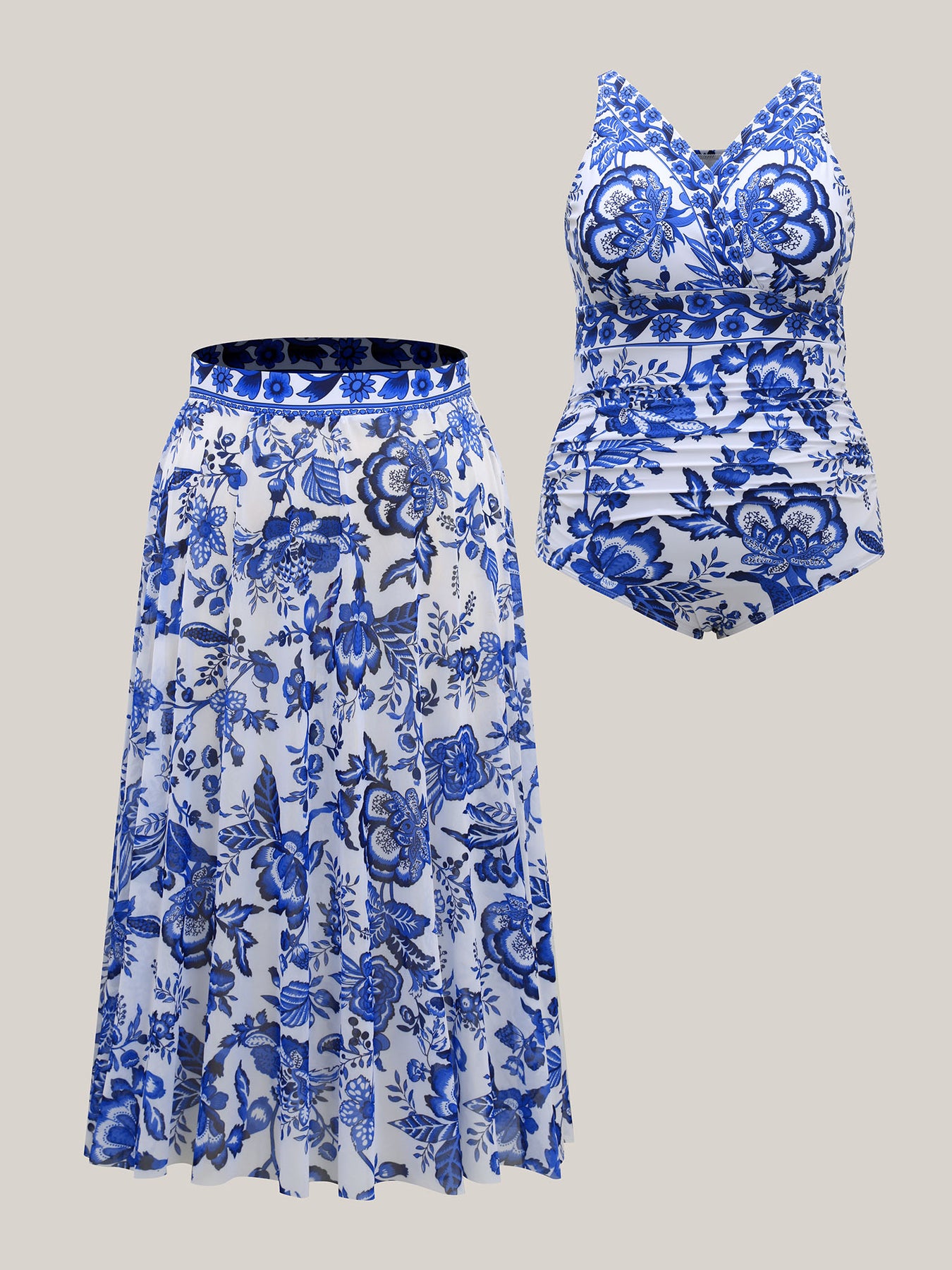 Floral Print Ruched Mesh One-Piece Swimsuit Set