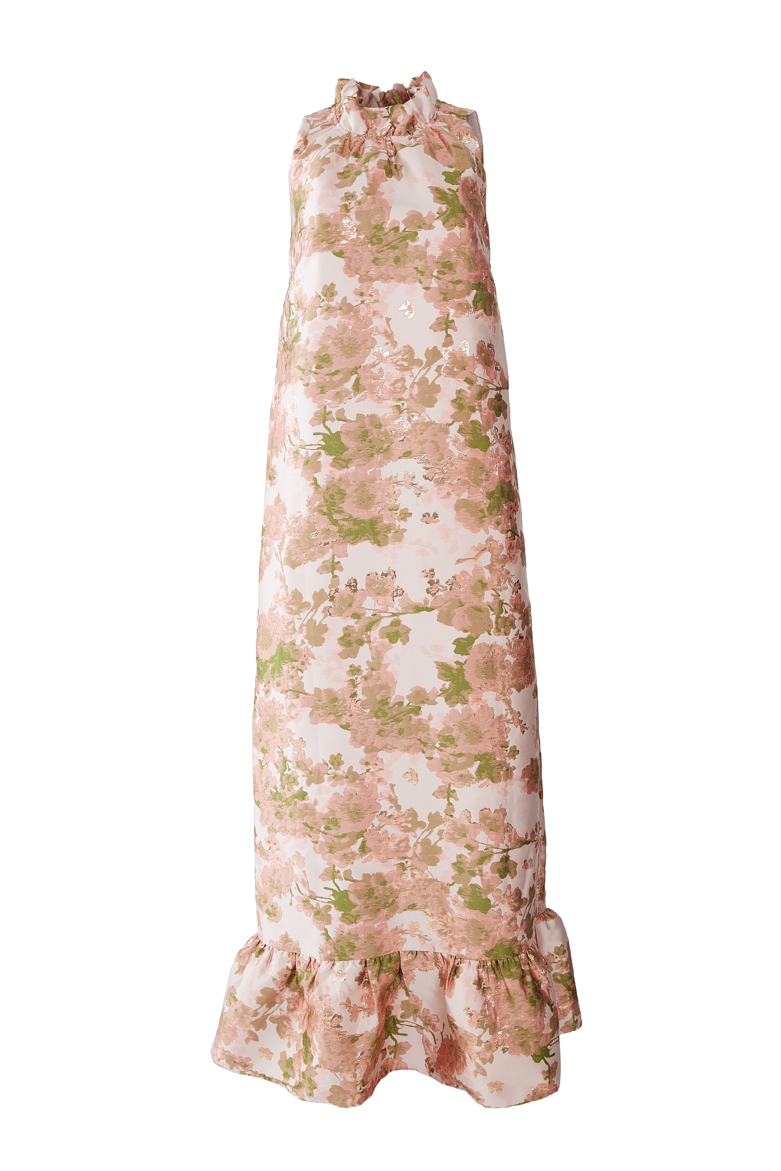Elegant Floral Mock Neck Ruffle Maxi Dress
