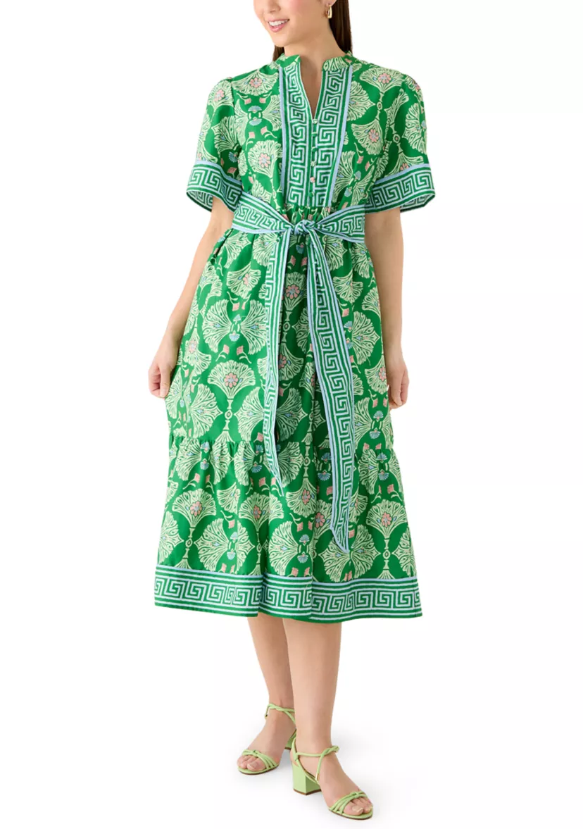 Chic Green Print Waist Tie Midi Dress