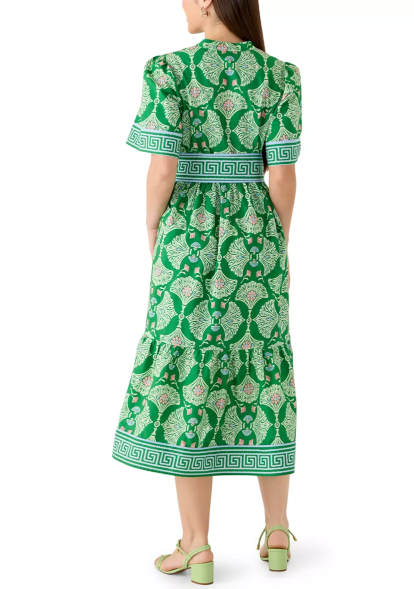 Chic Green Print Waist Tie Midi Dress
