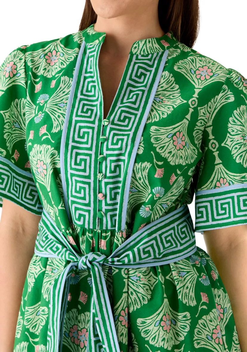 Chic Green Print Waist Tie Midi Dress