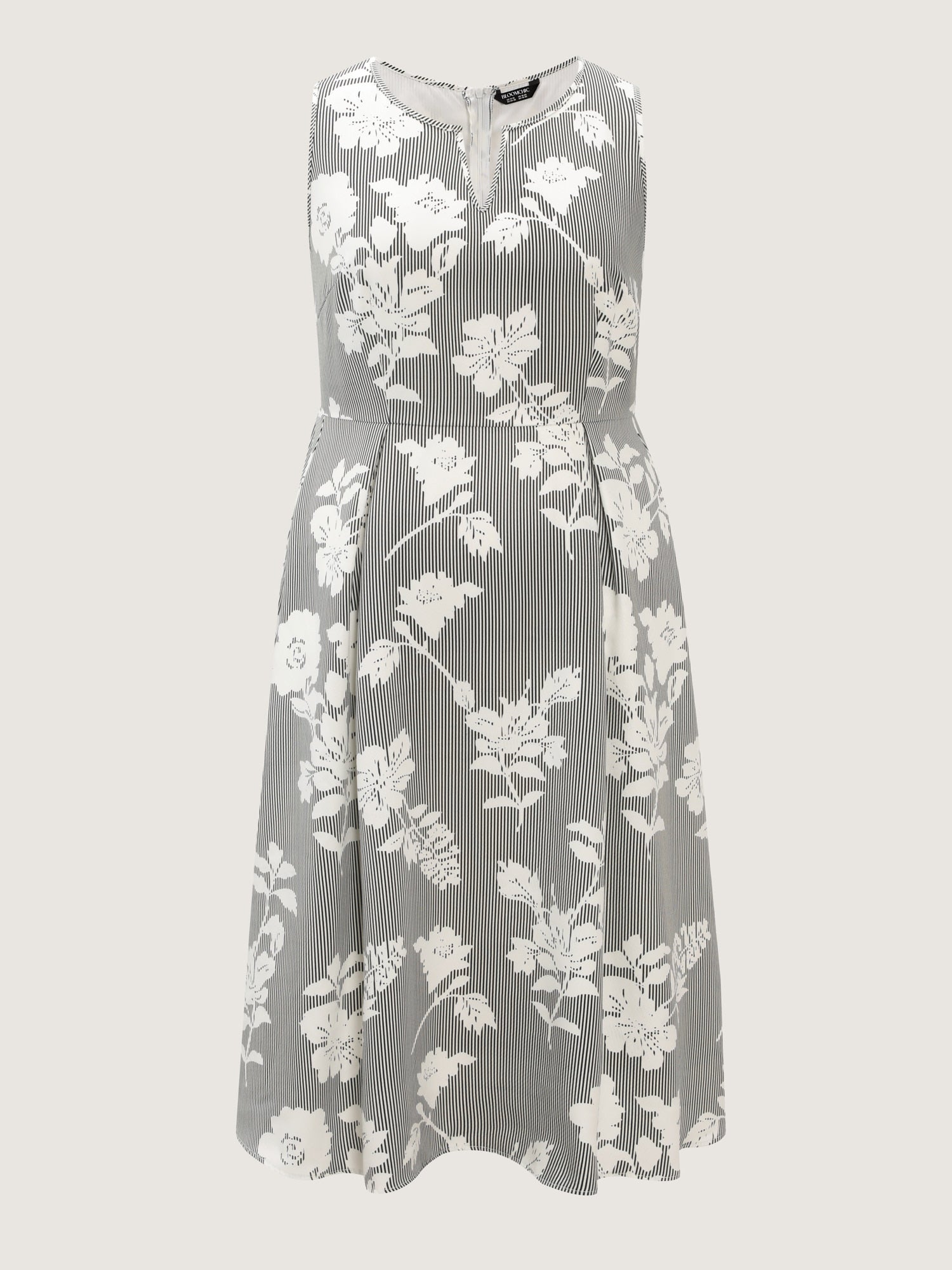Striped Floral Print Notched Collar Midi Dress