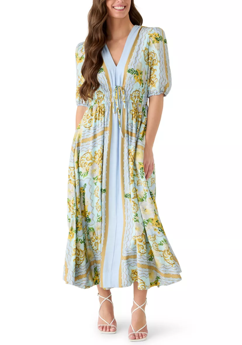 Stunning Short Puff Sleeve V-Neck Floral Crepe Dress