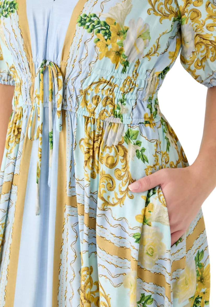 Stunning Short Puff Sleeve V-Neck Floral Crepe Dress