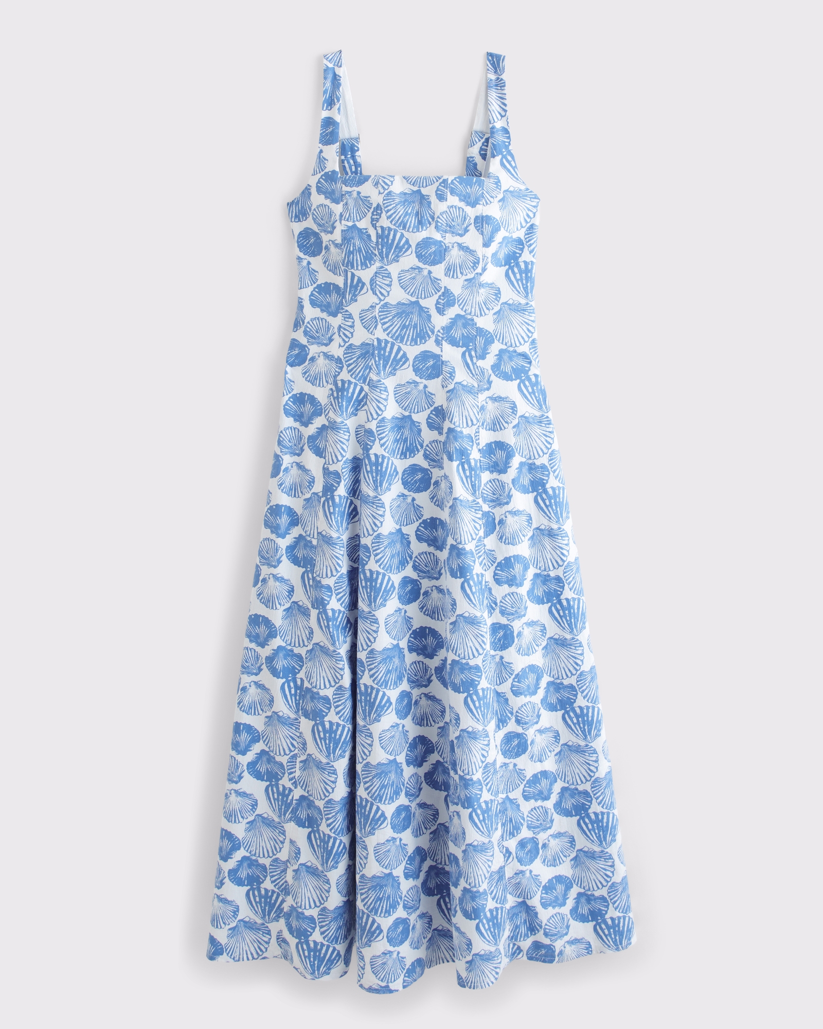 Blue Shell Print Square Neck Midi Dress