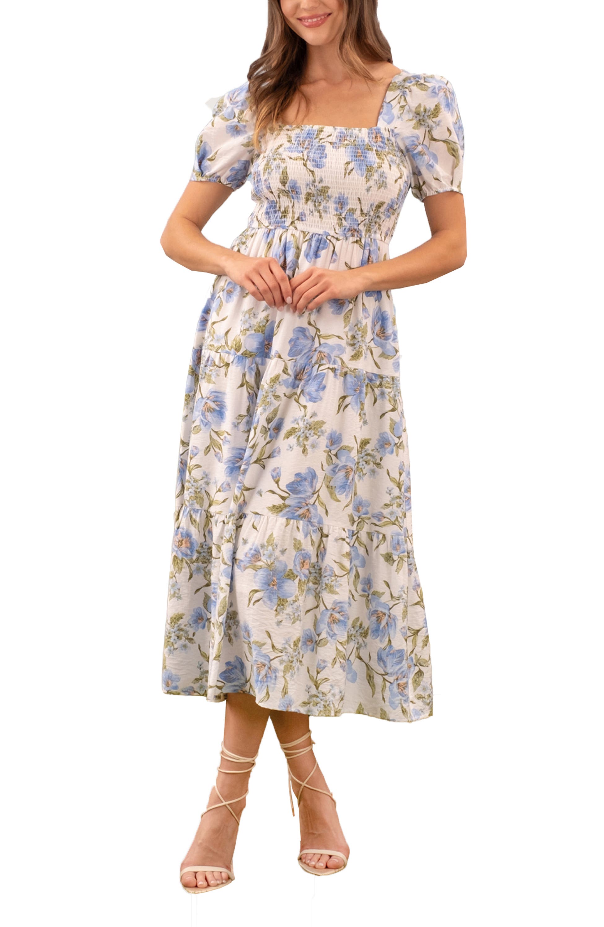 Square Neck Puff Sleeve Smocked Floral Dress
