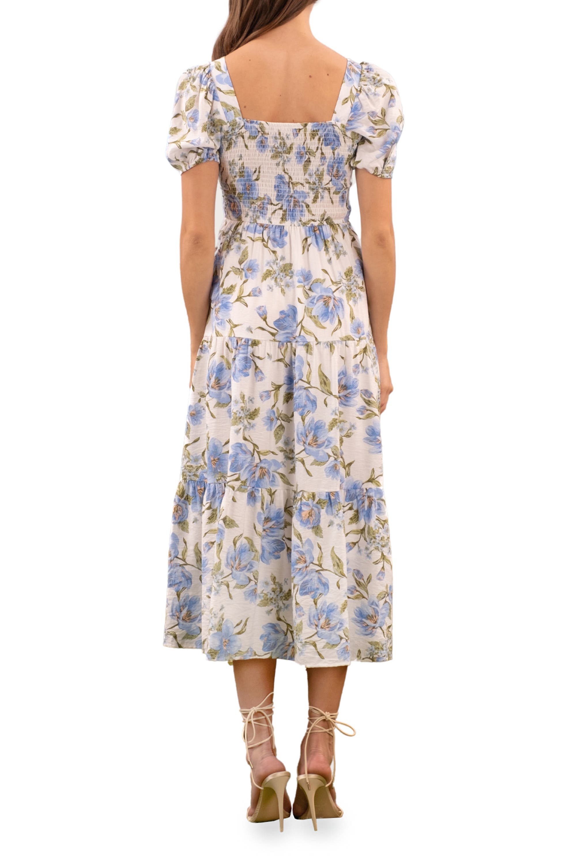 Square Neck Puff Sleeve Smocked Floral Dress