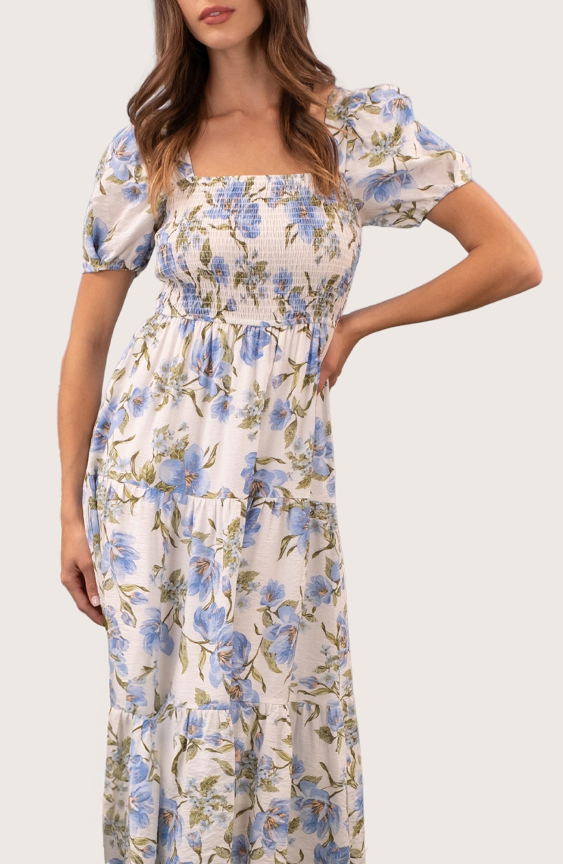 Square Neck Puff Sleeve Smocked Floral Dress
