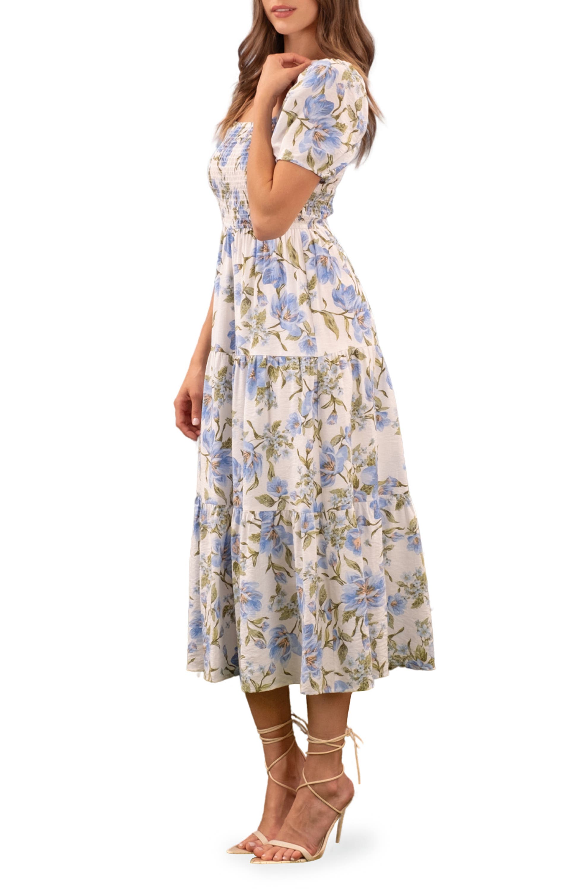 Square Neck Puff Sleeve Smocked Floral Dress