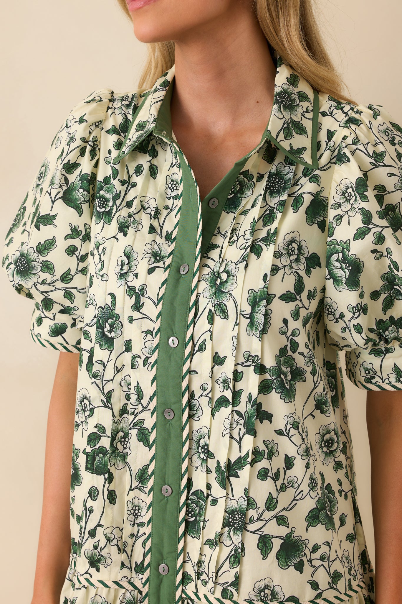 Green Floral Print Cotton Puff Sleeve Mini Dress