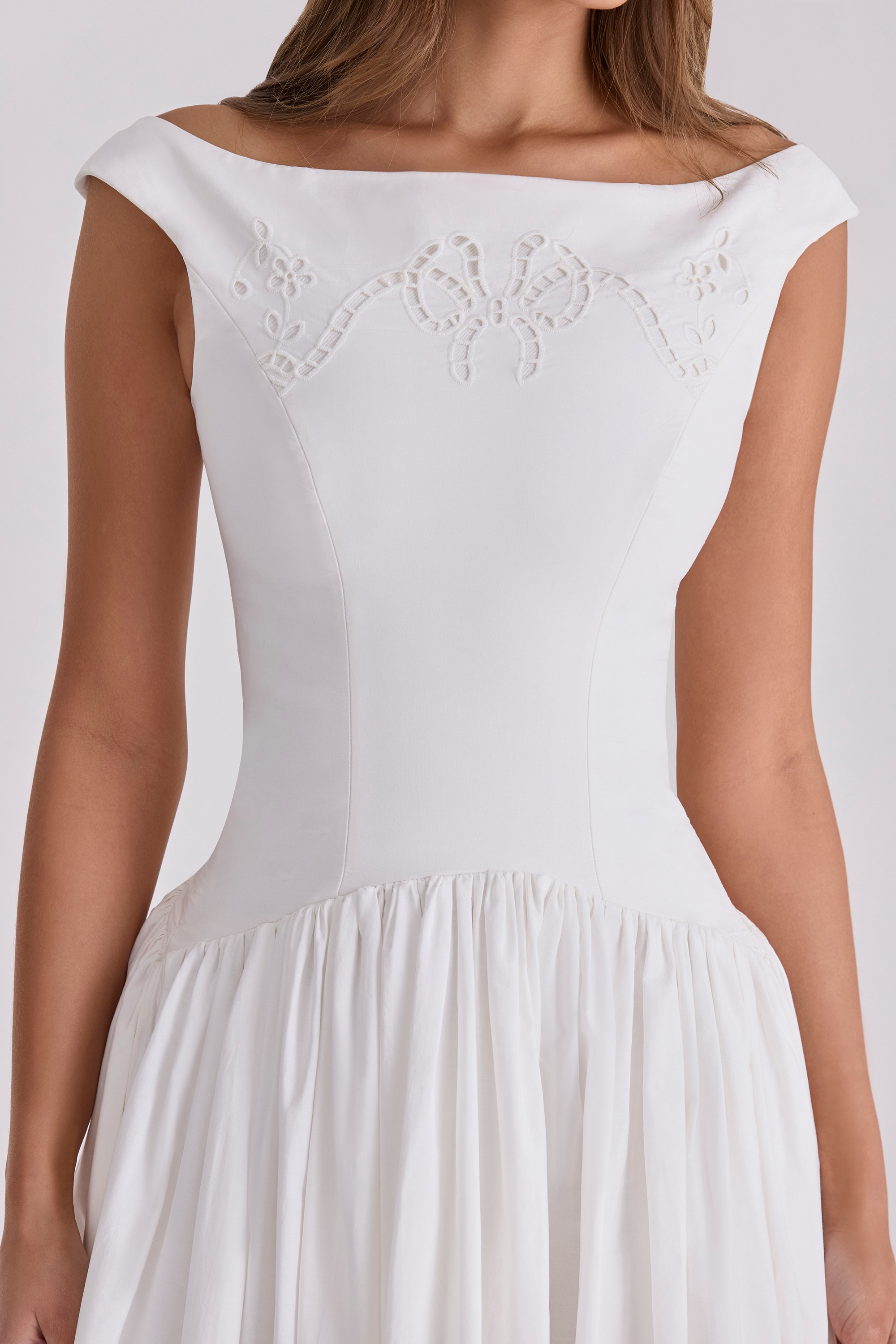 Elegant Cotton Broderie Anglaise Boat Neck Dress