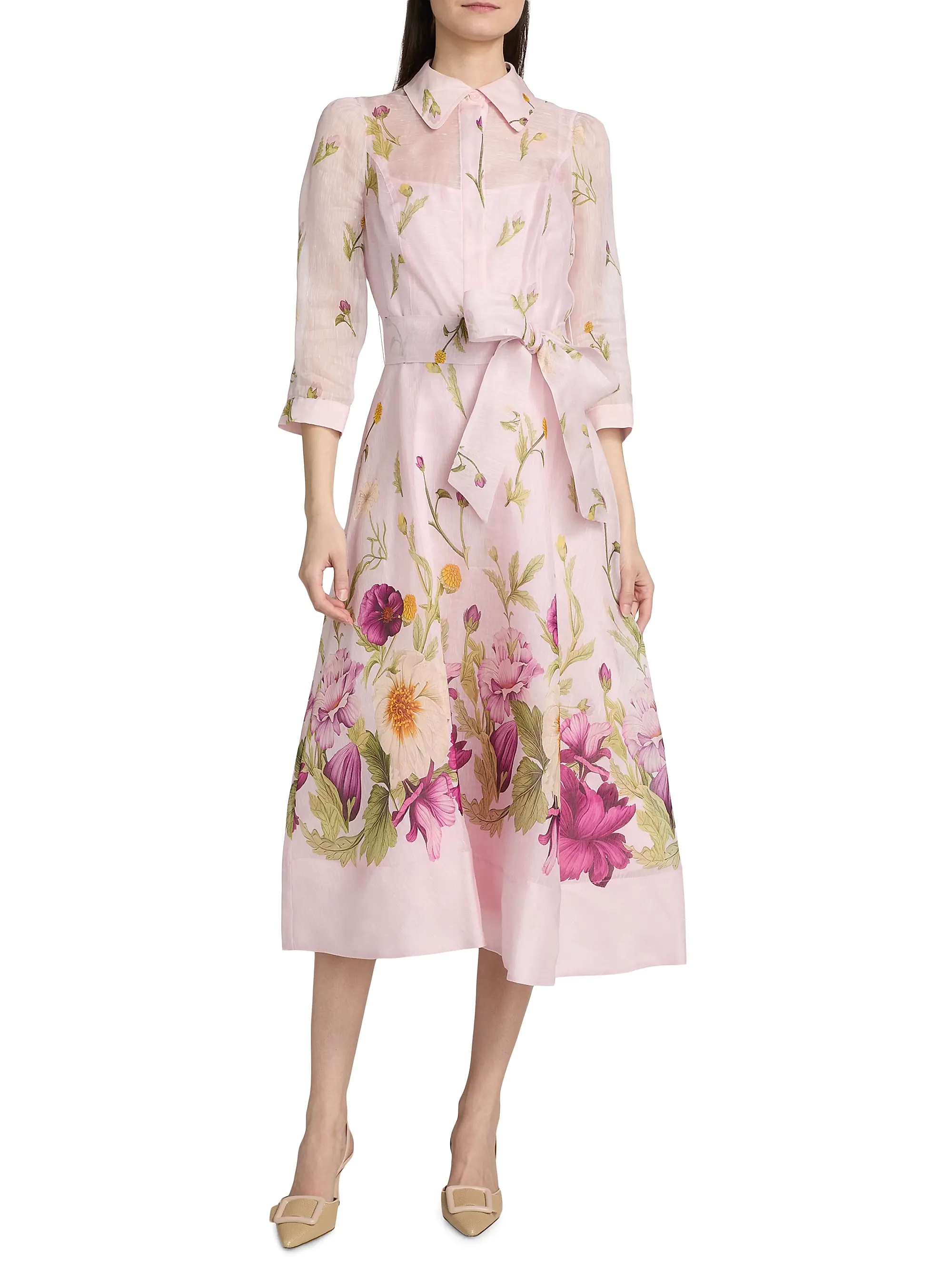 Silk-Linen Floral Border Print Shirtwaist Dress