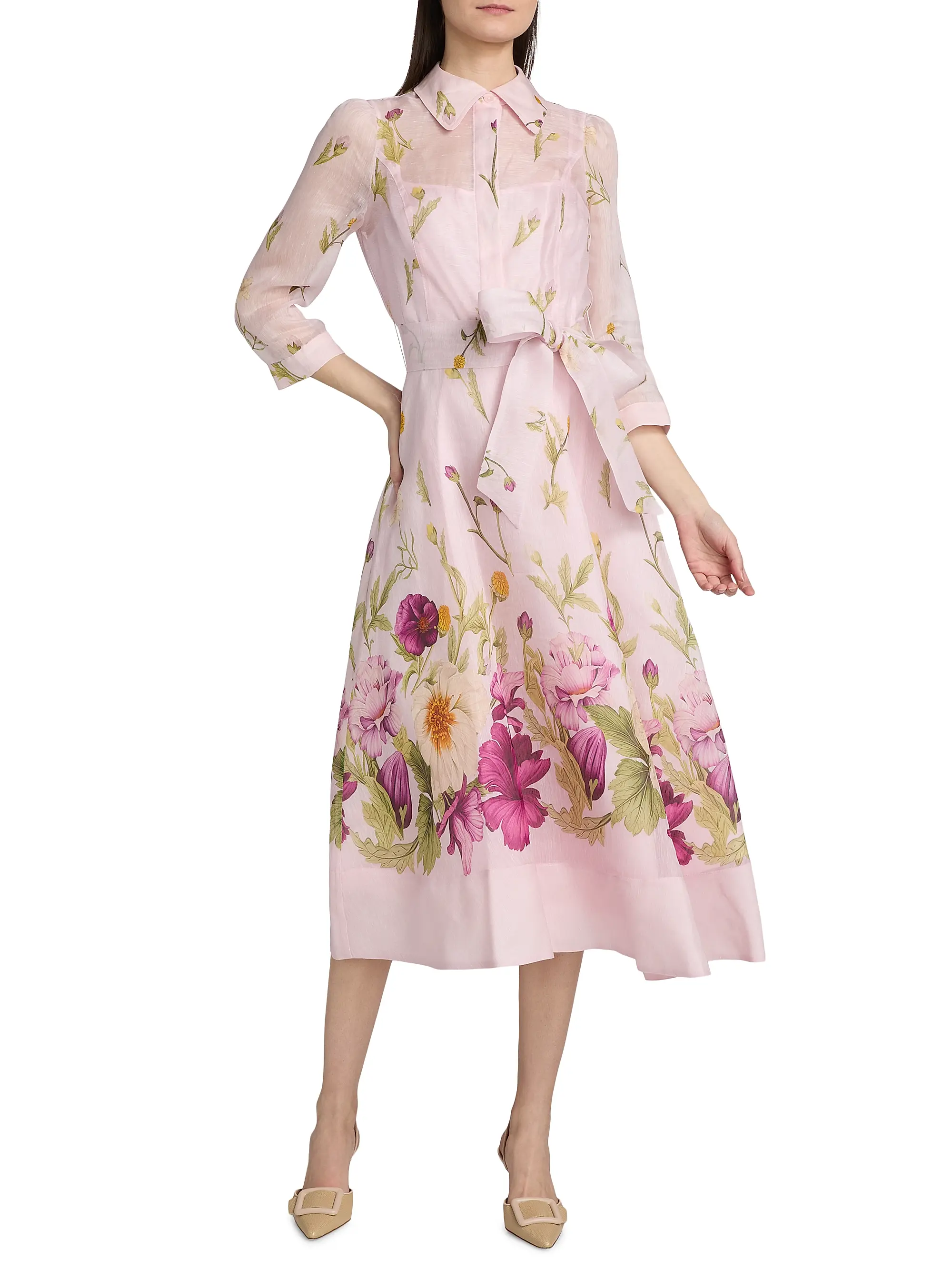 Silk-Linen Floral Border Print Shirtwaist Dress