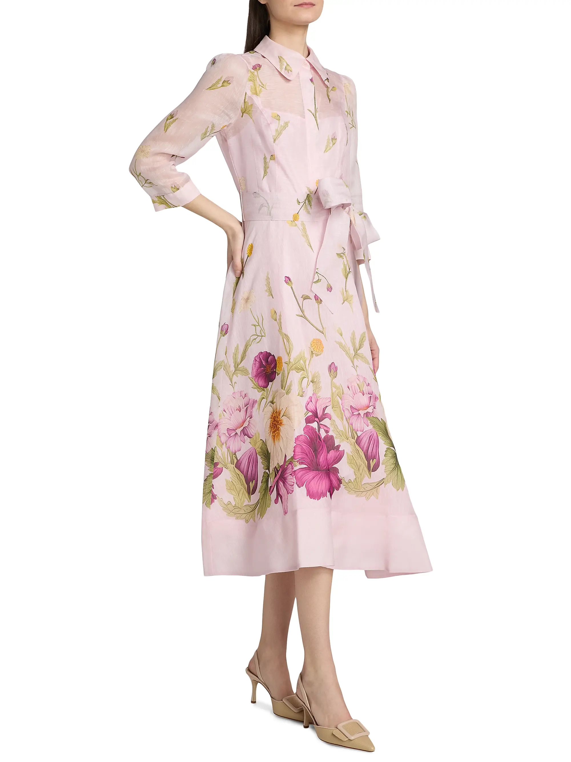 Silk-Linen Floral Border Print Shirtwaist Dress