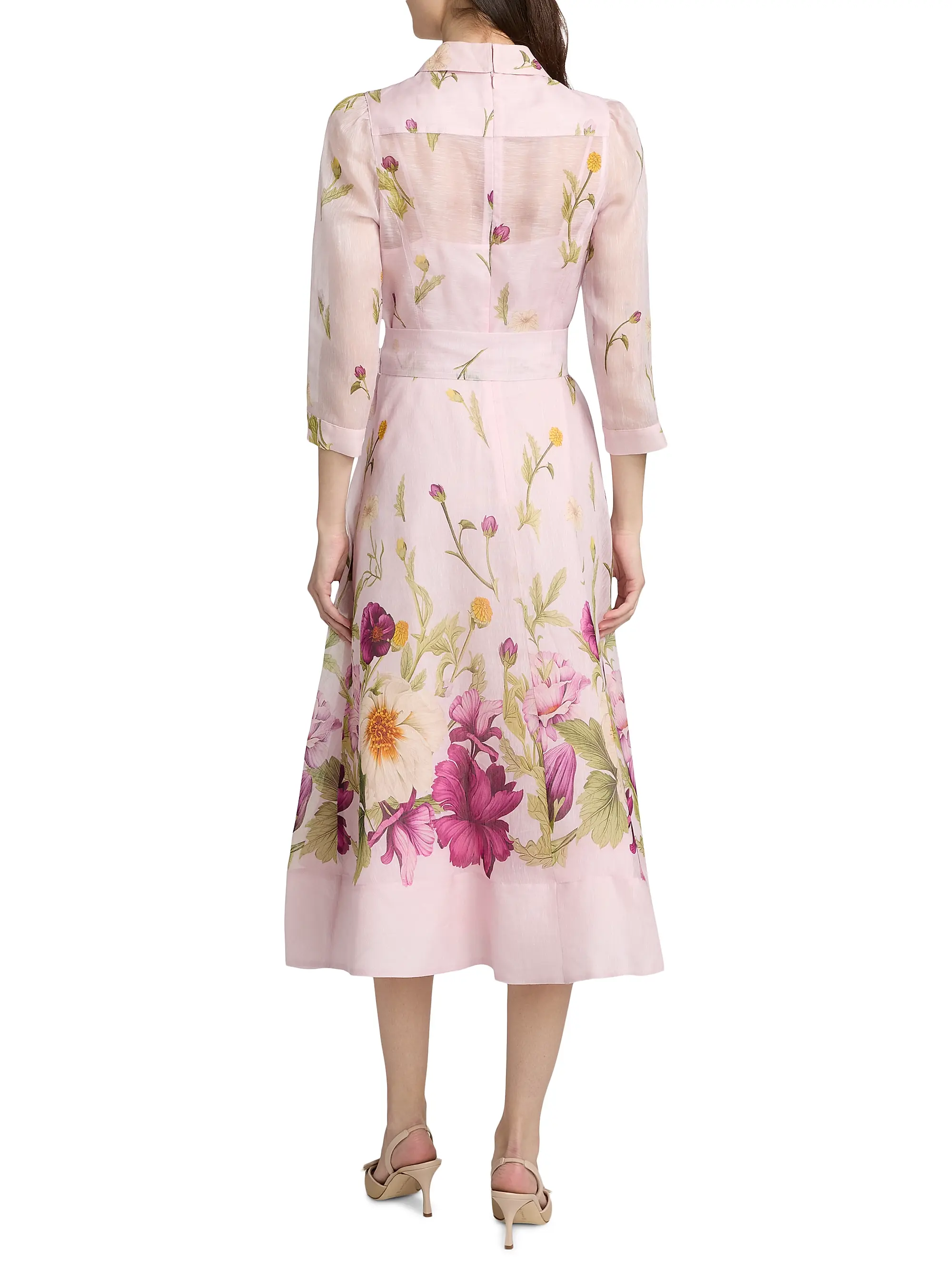 Silk-Linen Floral Border Print Shirtwaist Dress