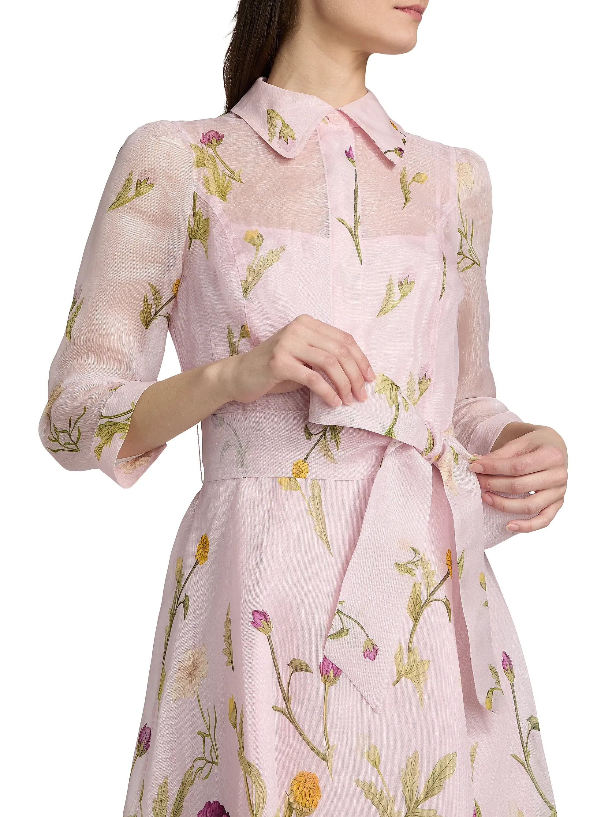 Silk-Linen Floral Border Print Shirtwaist Dress