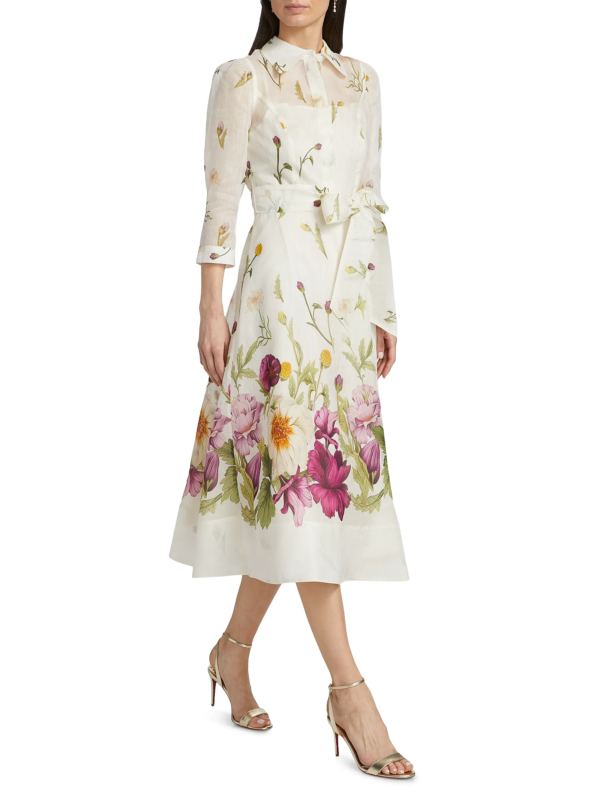 Silk-Linen Floral Border Print Shirtwaist Dress