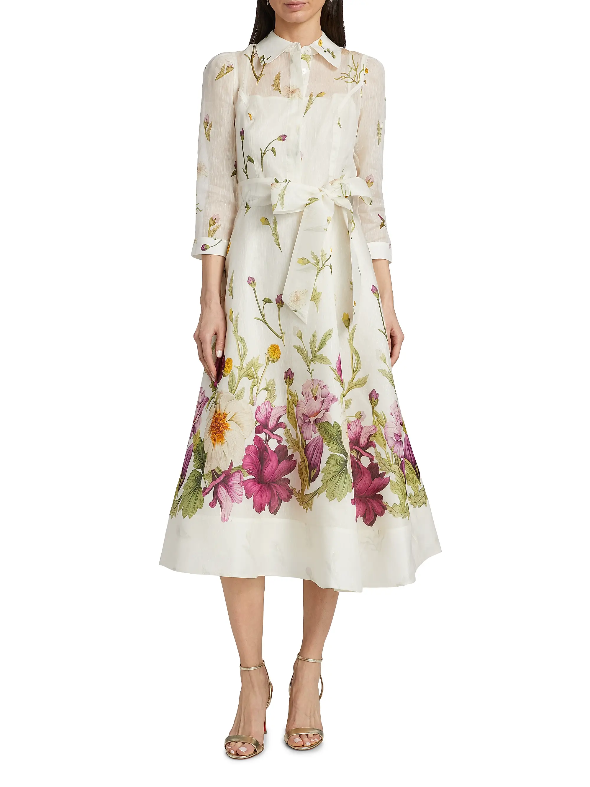 Silk-Linen Floral Border Print Shirtwaist Dress