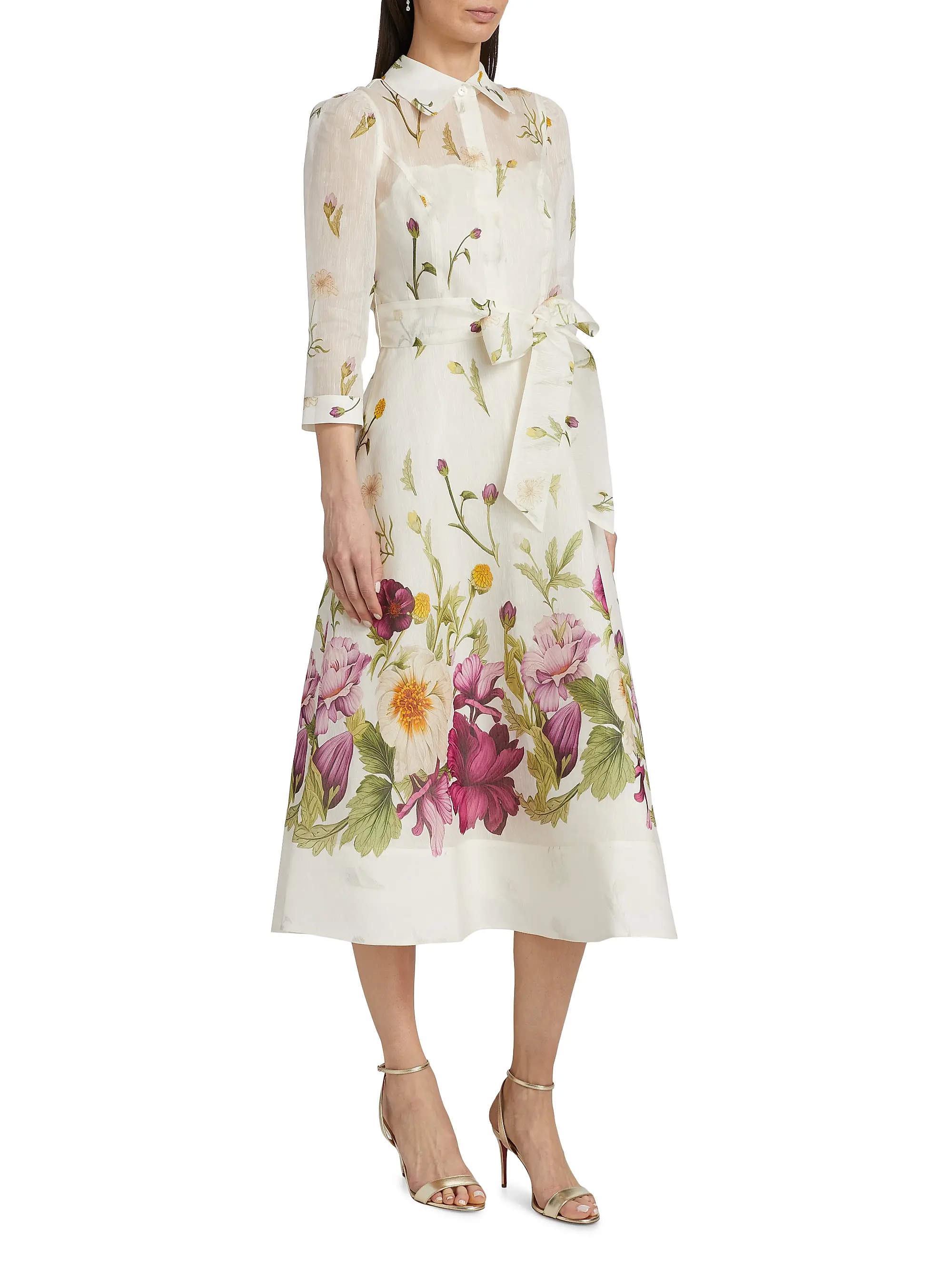 Silk-Linen Floral Border Print Shirtwaist Dress