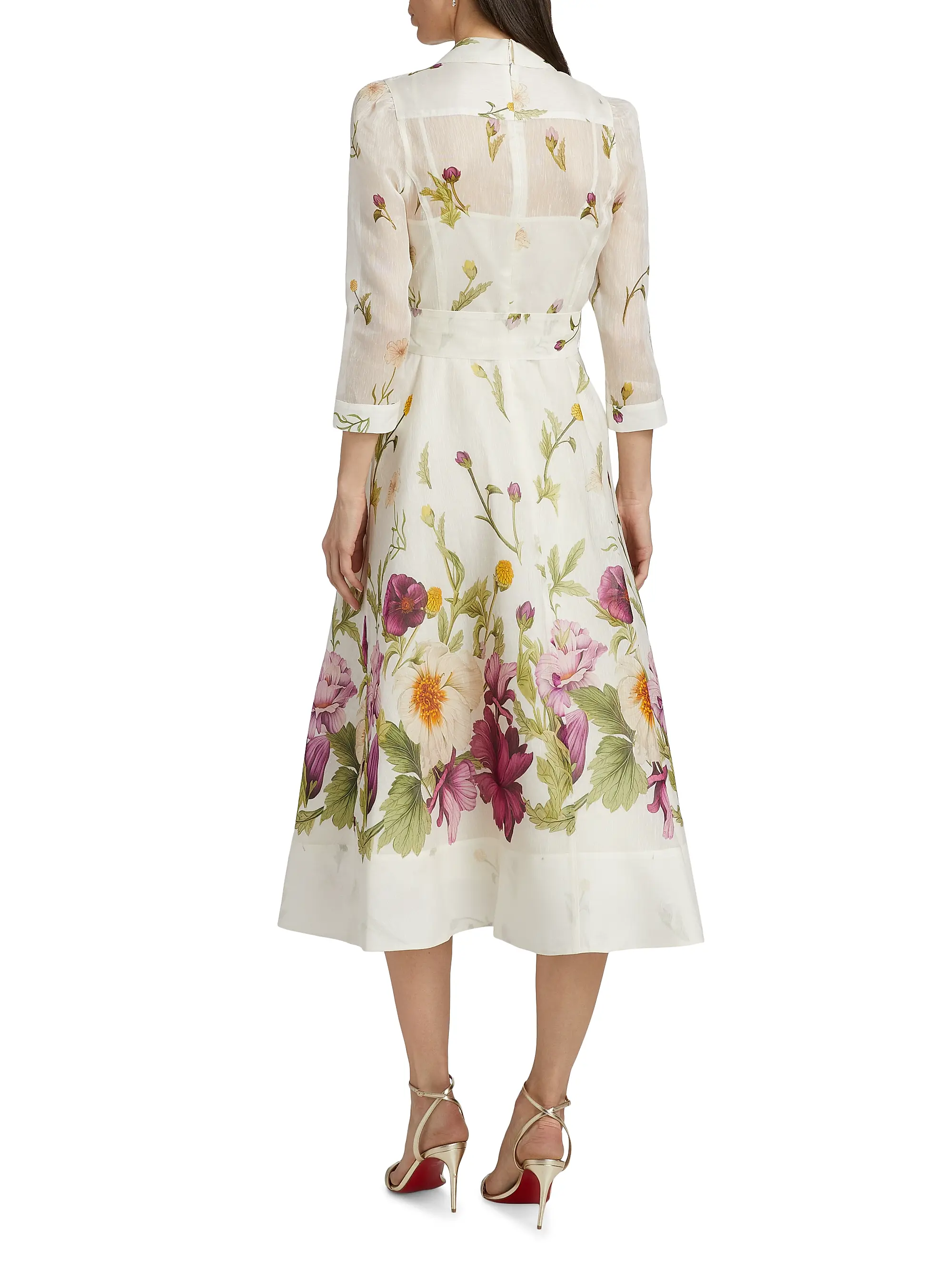 Silk-Linen Floral Border Print Shirtwaist Dress