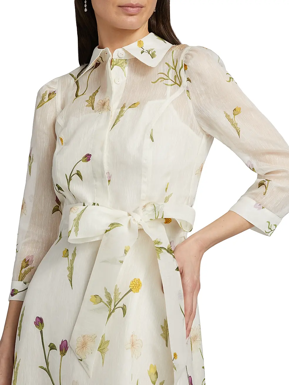Silk-Linen Floral Border Print Shirtwaist Dress