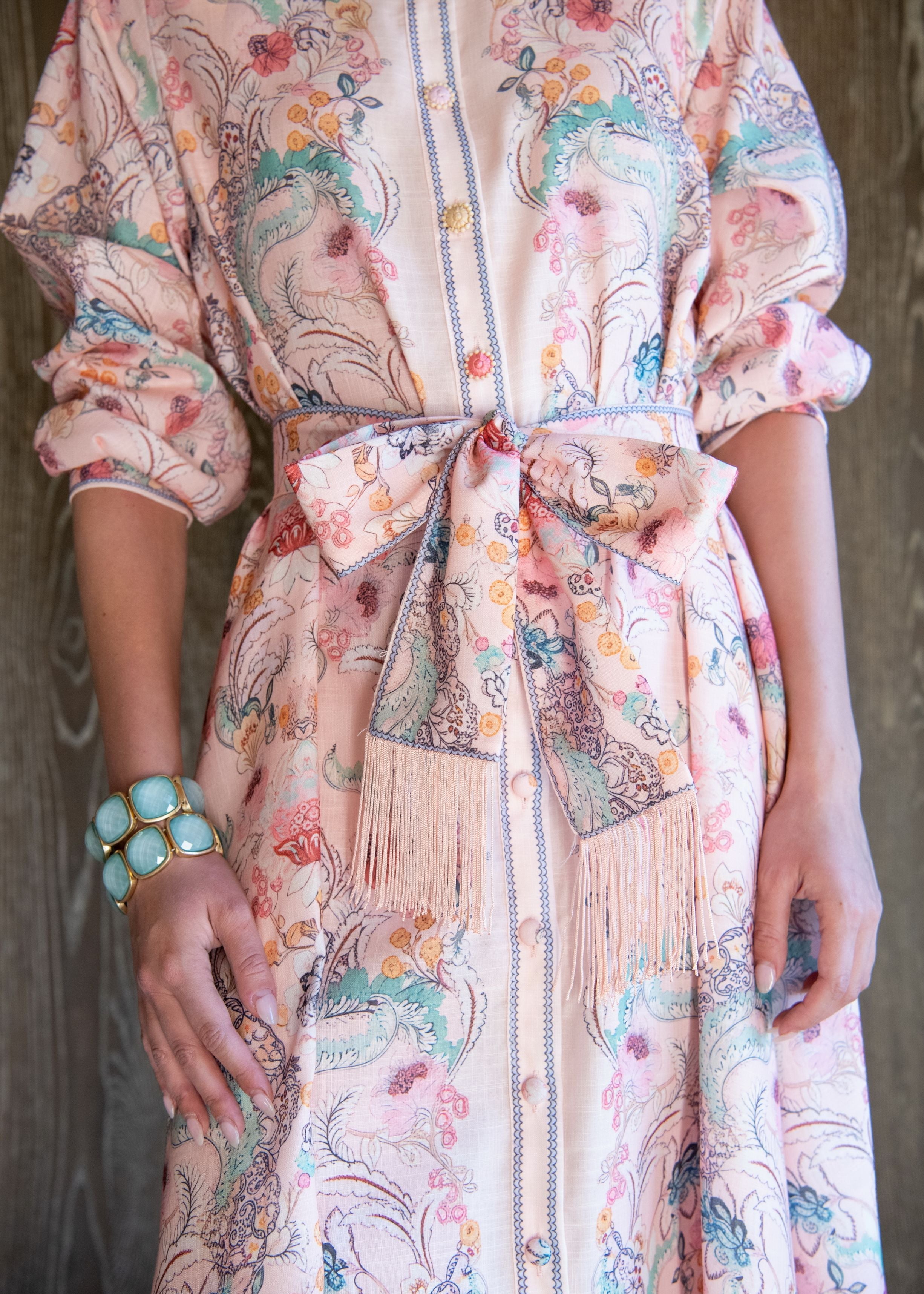 Irina Long Sleeve Floral Belted Fringe Waist Dress 