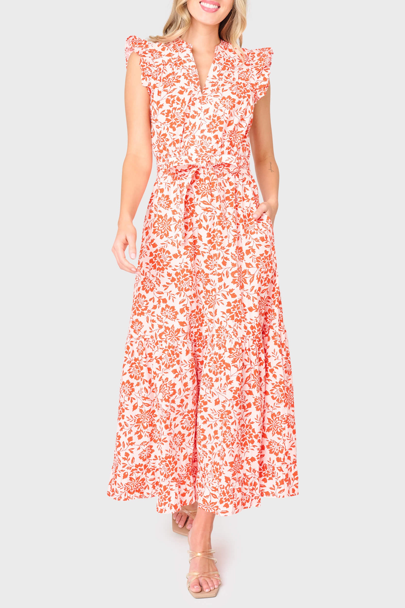Notch Neck Flutter Sleeve Maxi Dress